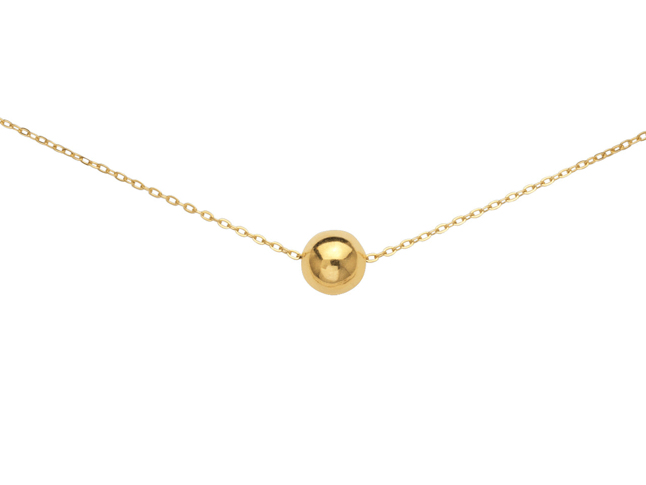 Collier boule en or jaune 18 carats avec pendentif solitaire sur une chaîne fine.