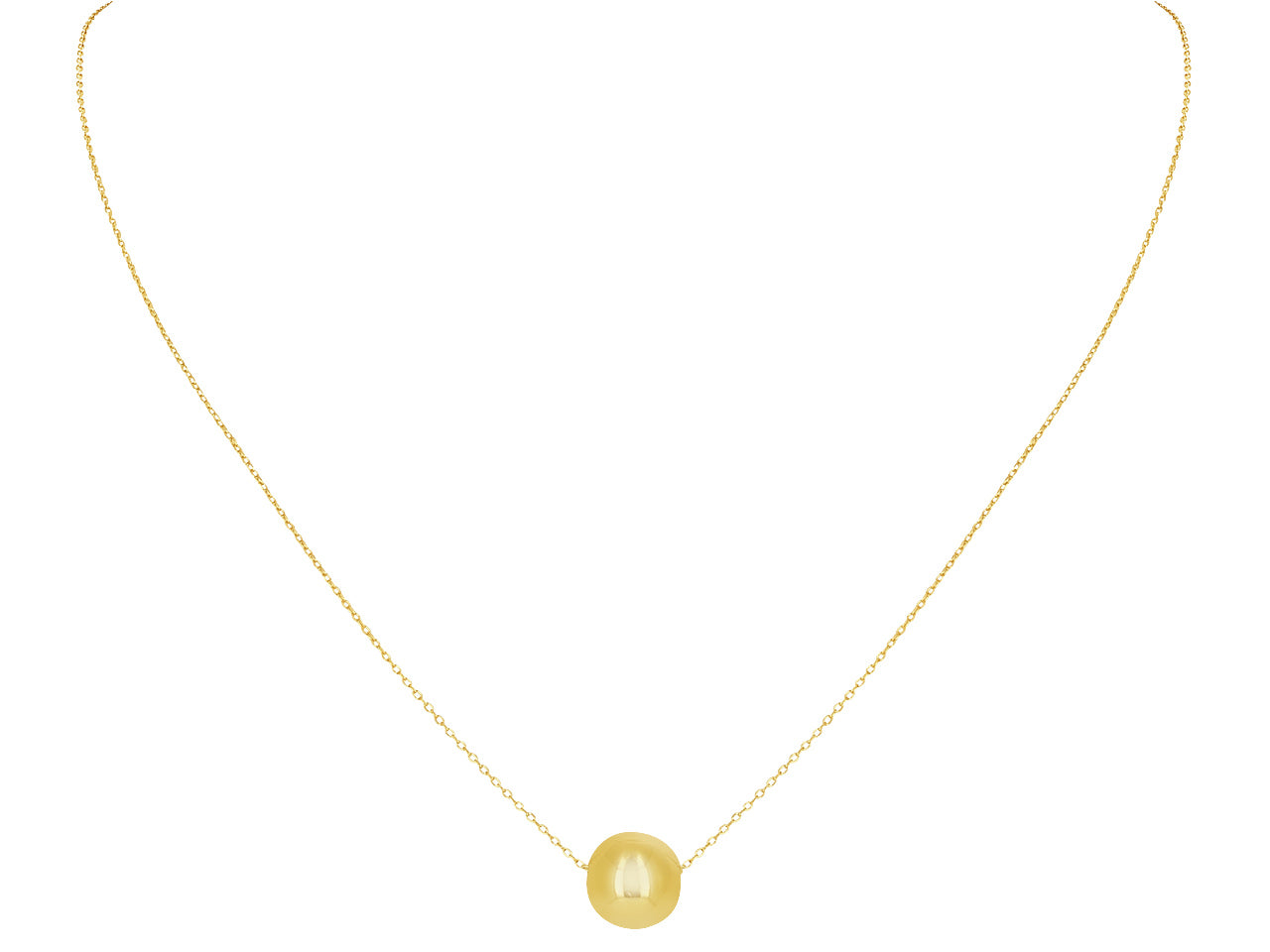 Collier boule en or jaune 18 carats avec pendentif solitaire sur une chaîne fine.