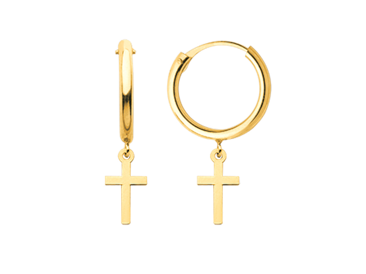 Paire de boucles d'oreilles créoles de 9mm avec croix latine pendante en or jaune 18 carats massif.