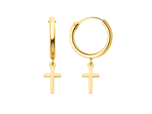 Paire de boucles d'oreilles créoles de 9mm avec croix latine pendante en or jaune 18 carats massif.