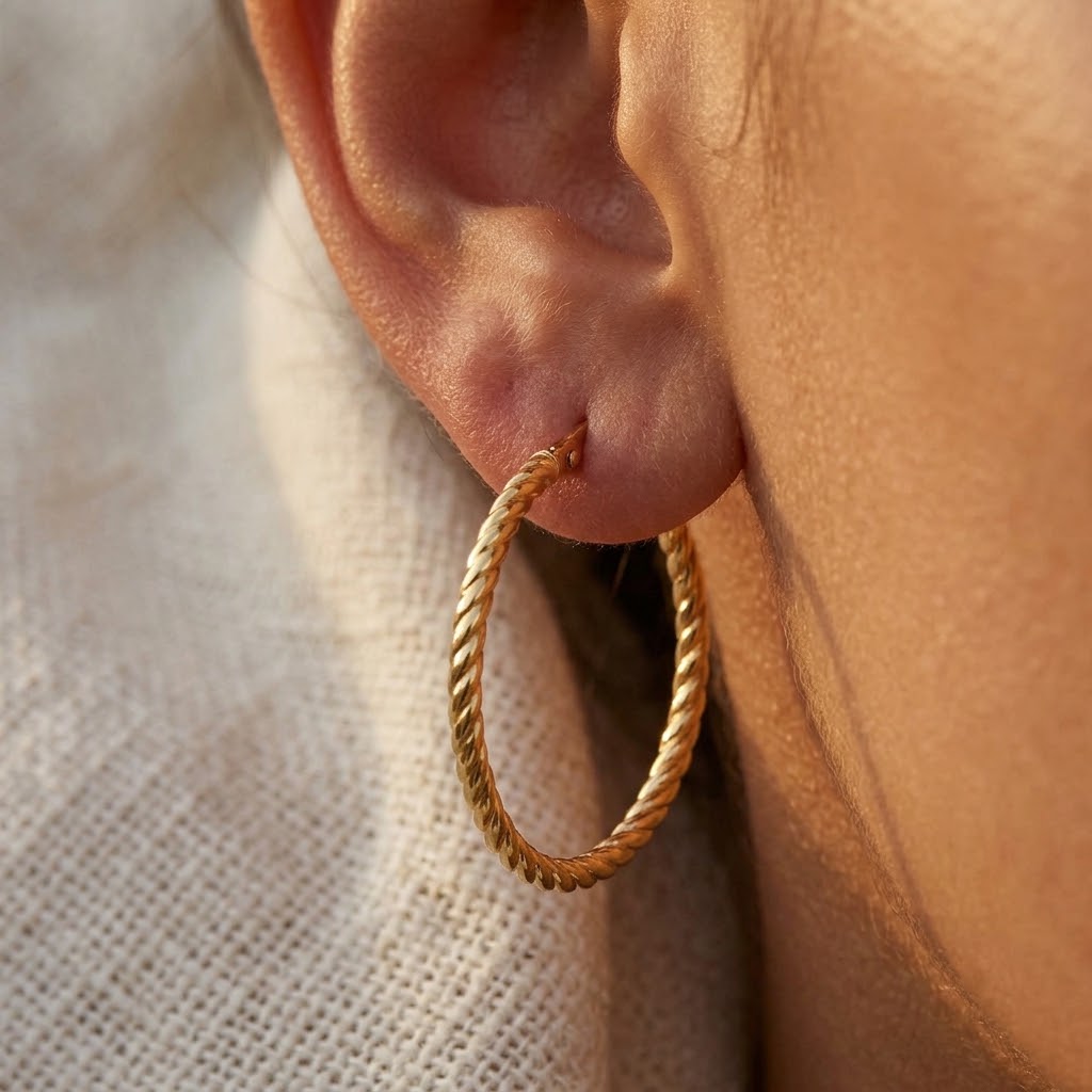 Créole torsadée en or jaune 18 carats de 30mm portée à l'oreille d'une femme au coucher du soleil.