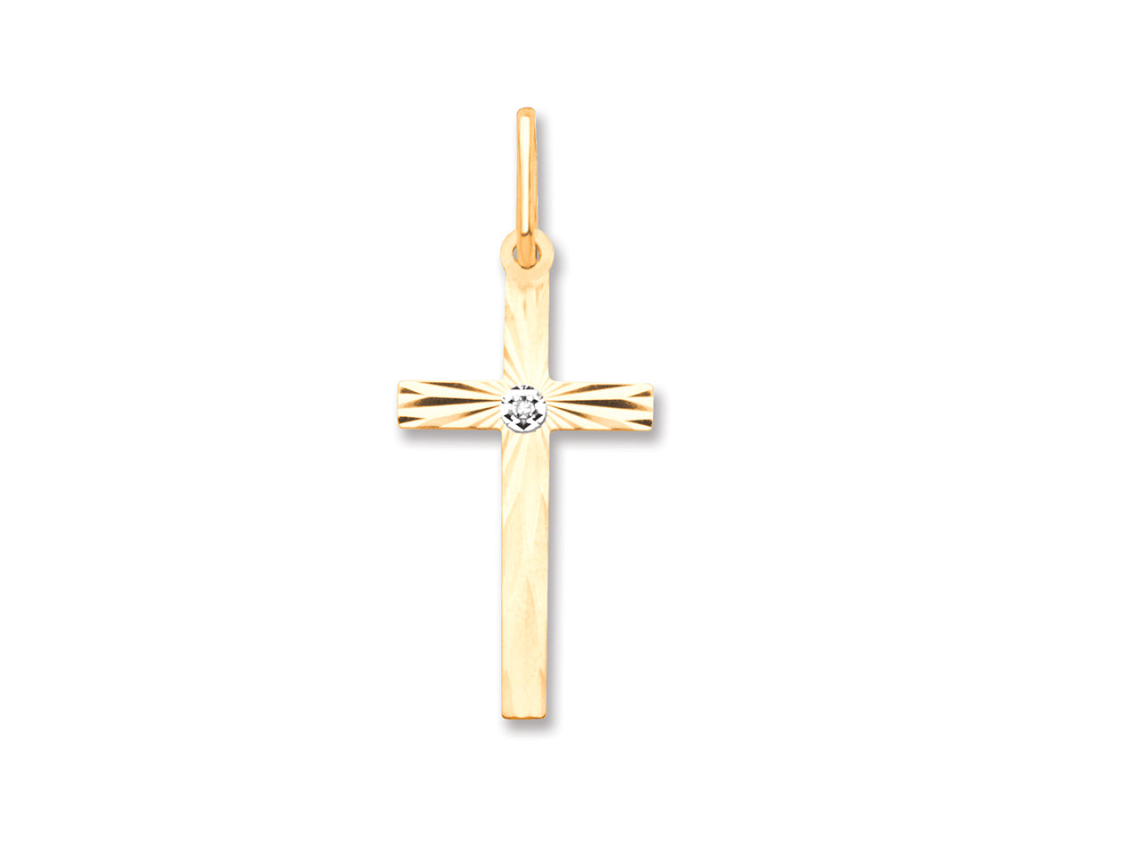 Pendentif croix en or jaune 18 carats, facettée et sertie d'un diamant.