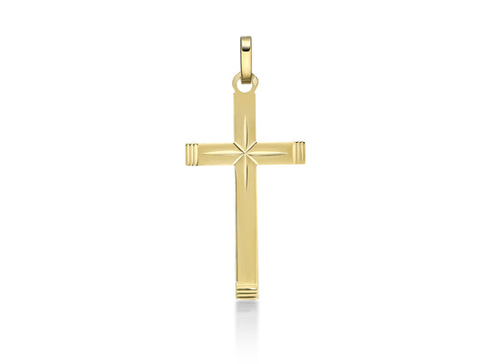 Pendentif croix en or pour homme 18 carats, or jaune massif avec centre facetté en étoile et extrémités striées, 27 mm.