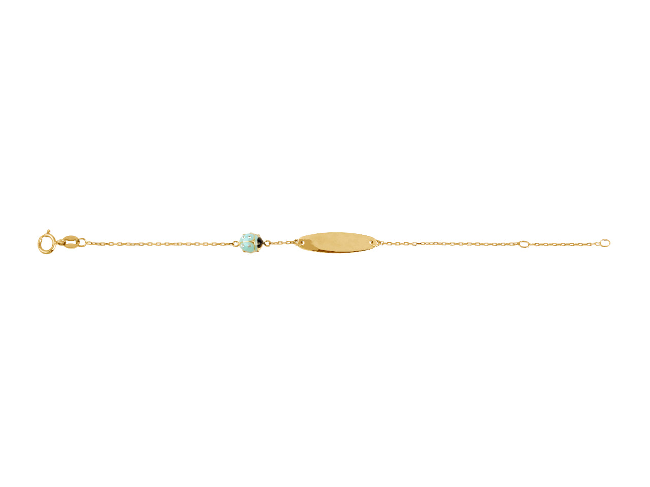 Bracelet identité bébé coccinelle or 18k avec motif bleu turquoise, cadeau de baptême original.