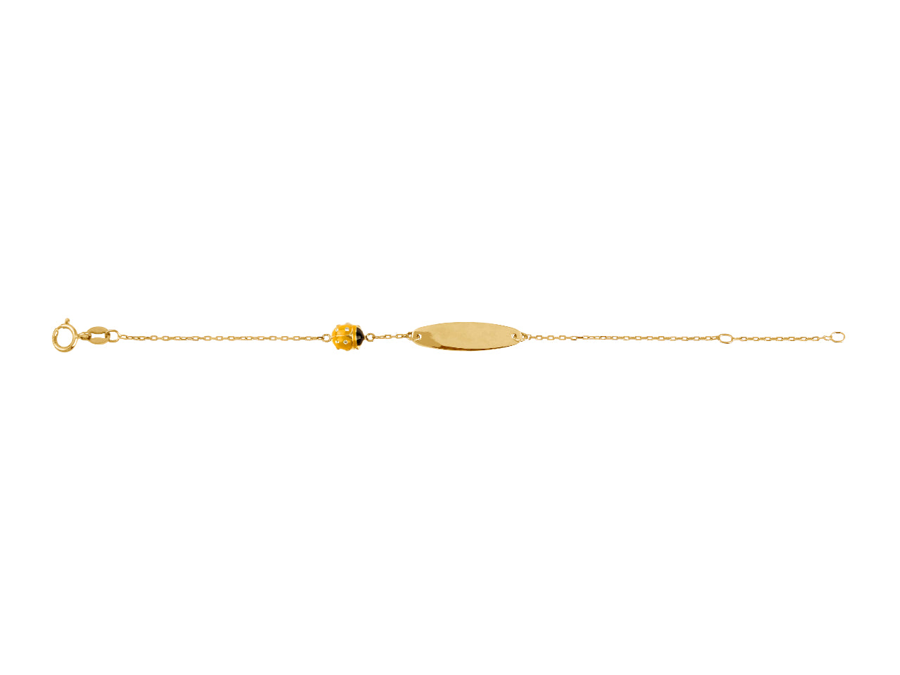 Gourmette bébé coccinelle jaune dorée en or 750 millièmes, plaque ovale lisse à graver.
