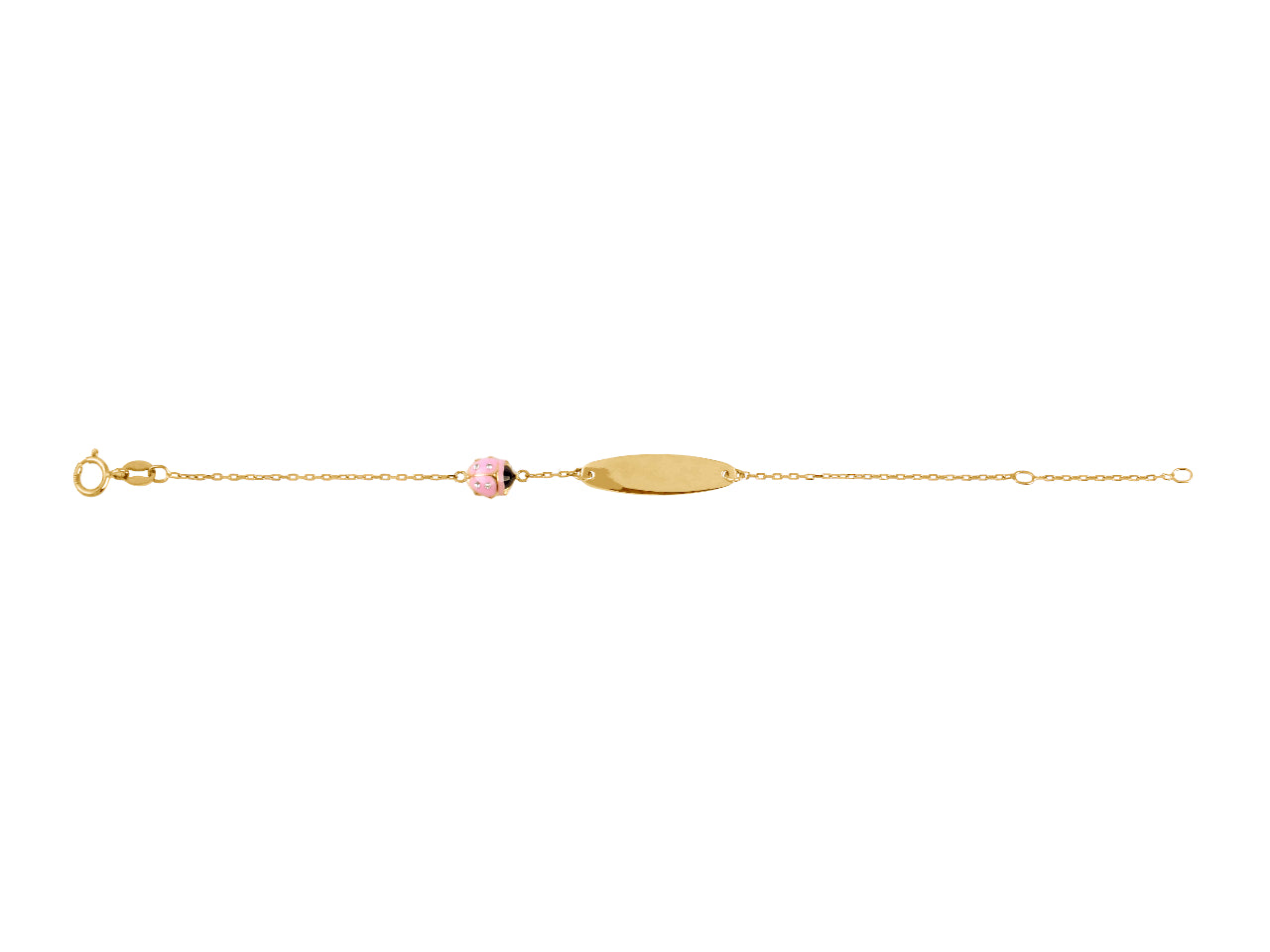 Bijou porte-bonheur pour bébé : gourmette coccinelle rose en or jaune 18 carats.