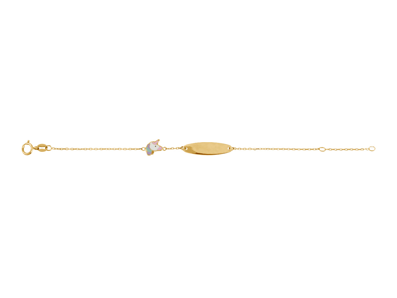 Gourmette pour bébé fille en or 18 carats avec motif licorne en résine rose et plaque lisse.