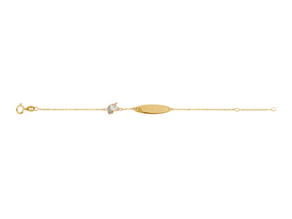 Gourmette pour bébé fille en or 18 carats avec motif licorne en résine rose et plaque lisse.