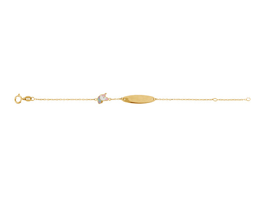 Gourmette pour bébé fille en or 18 carats avec motif licorne en résine rose et plaque lisse.