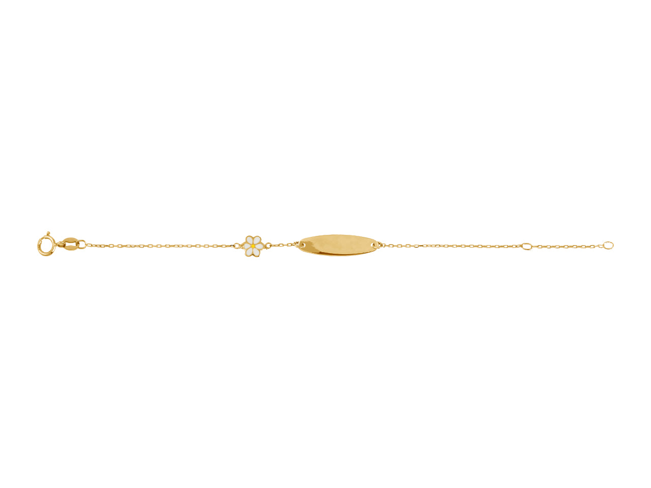 Gourmette de baptême pour fille en or jaune avec fleur pâquerette blanche.