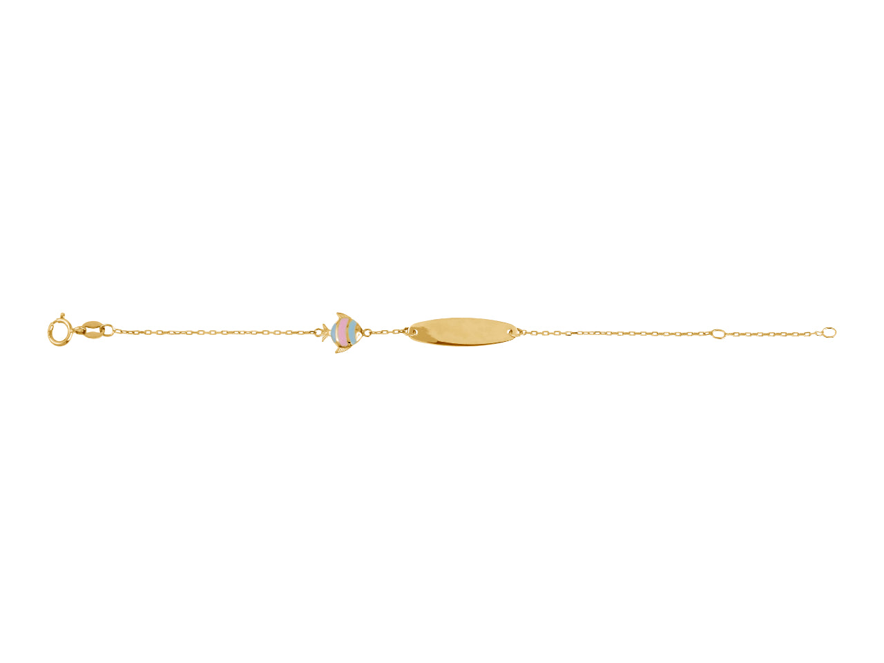 Gourmette en or pour bébé fille avec motif poisson coloré, or 18 carats massif.