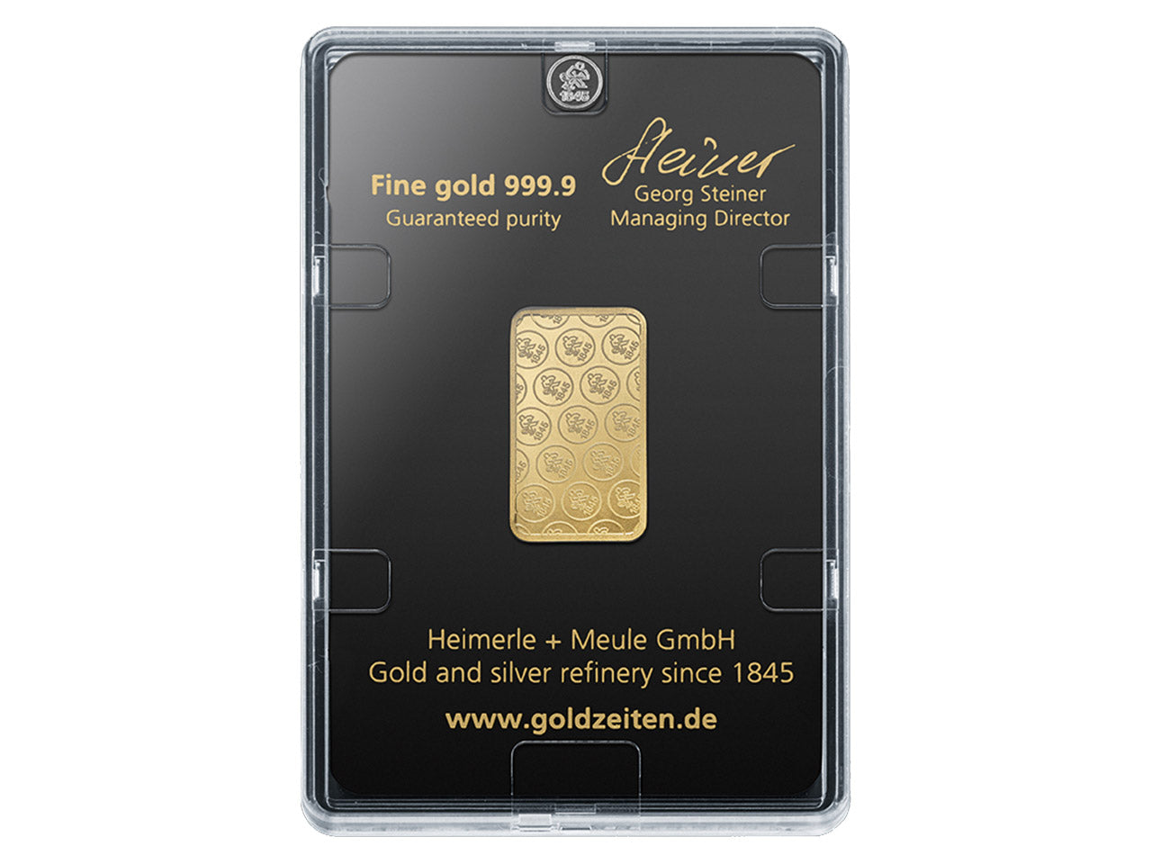 Lingot d'or fin 5 grammes Heimerle et Meule certifié LBMA sous coque transparente