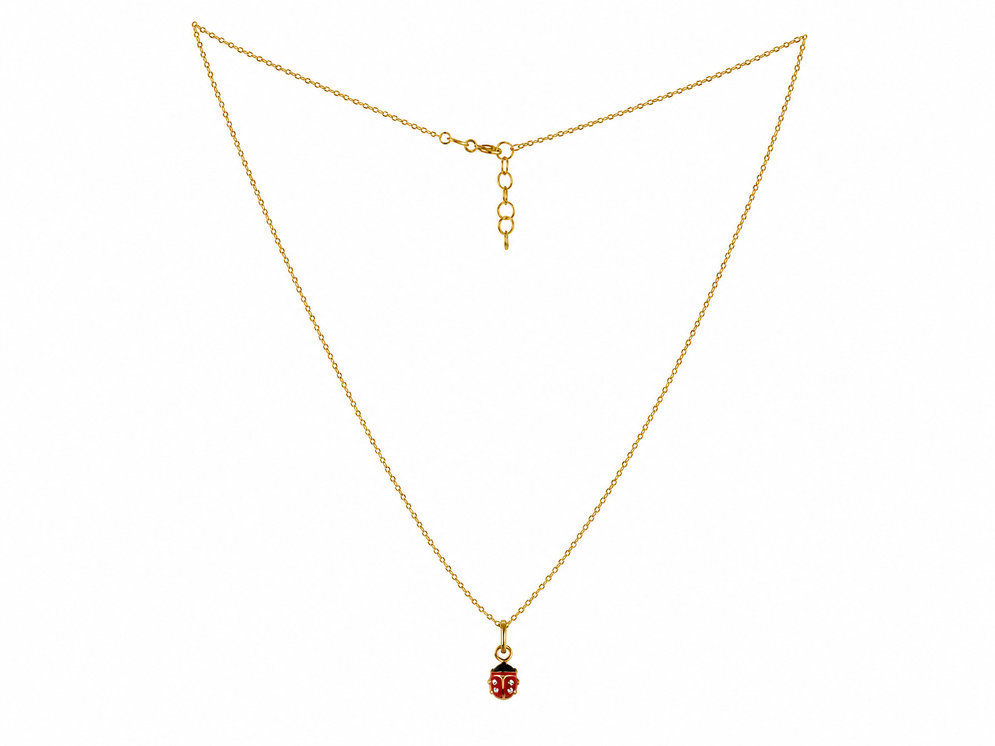 Vue d'ensemble du collier pour enfant en or jaune 18 carats, montrant la maille forçat ajustable de 36 à 38 cm et le petit pendentif coccinelle.
