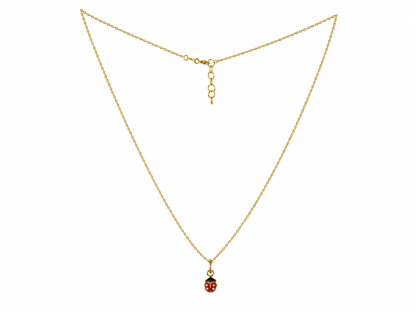 Vue d'ensemble du collier pour enfant en or jaune 18 carats, montrant la maille forçat ajustable de 36 à 38 cm et le petit pendentif coccinelle.