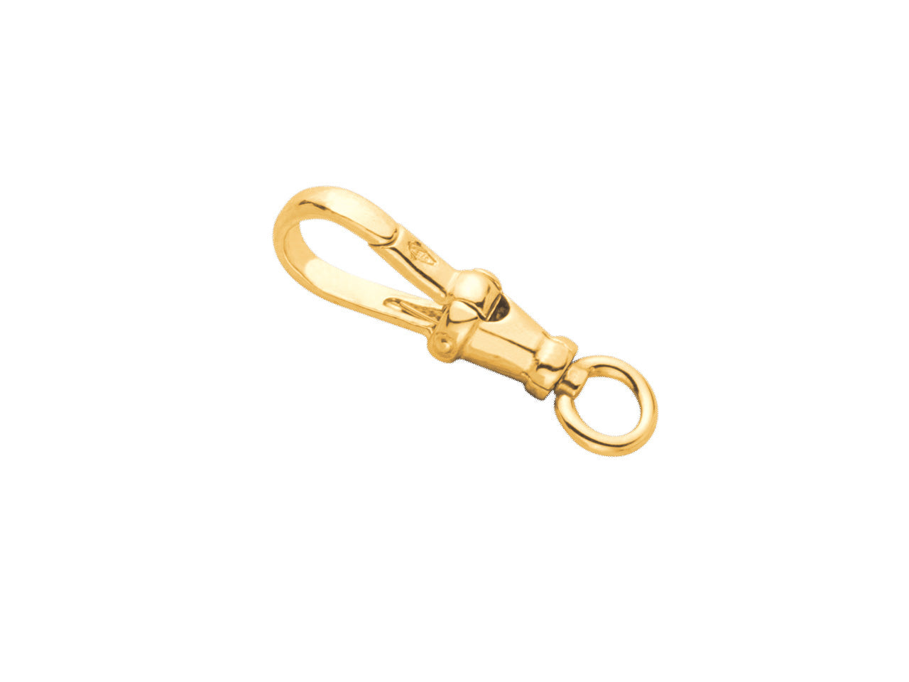 Détail du système à ressort et de l'anneau tournant d'un fermoir mousqueton en or jaune 375 millièmes.