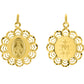 Médaille miraculeuse en or jaune 18 carats avec entourage ajouré et fond sablé, vue de face (Vierge Marie) et de dos (M et Cœurs).