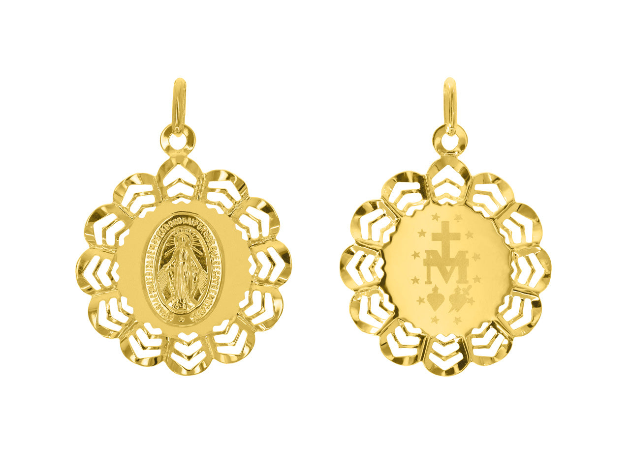 Médaille miraculeuse en or jaune 18 carats avec entourage ajouré et fond sablé, vue de face (Vierge Marie) et de dos (M et Cœurs).