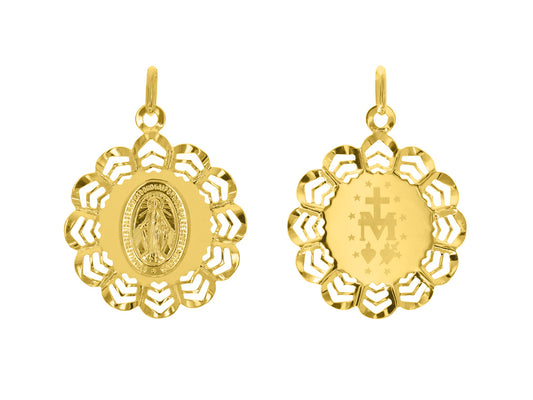 Médaille miraculeuse en or jaune 18 carats avec entourage ajouré et fond sablé, vue de face (Vierge Marie) et de dos (M et Cœurs).