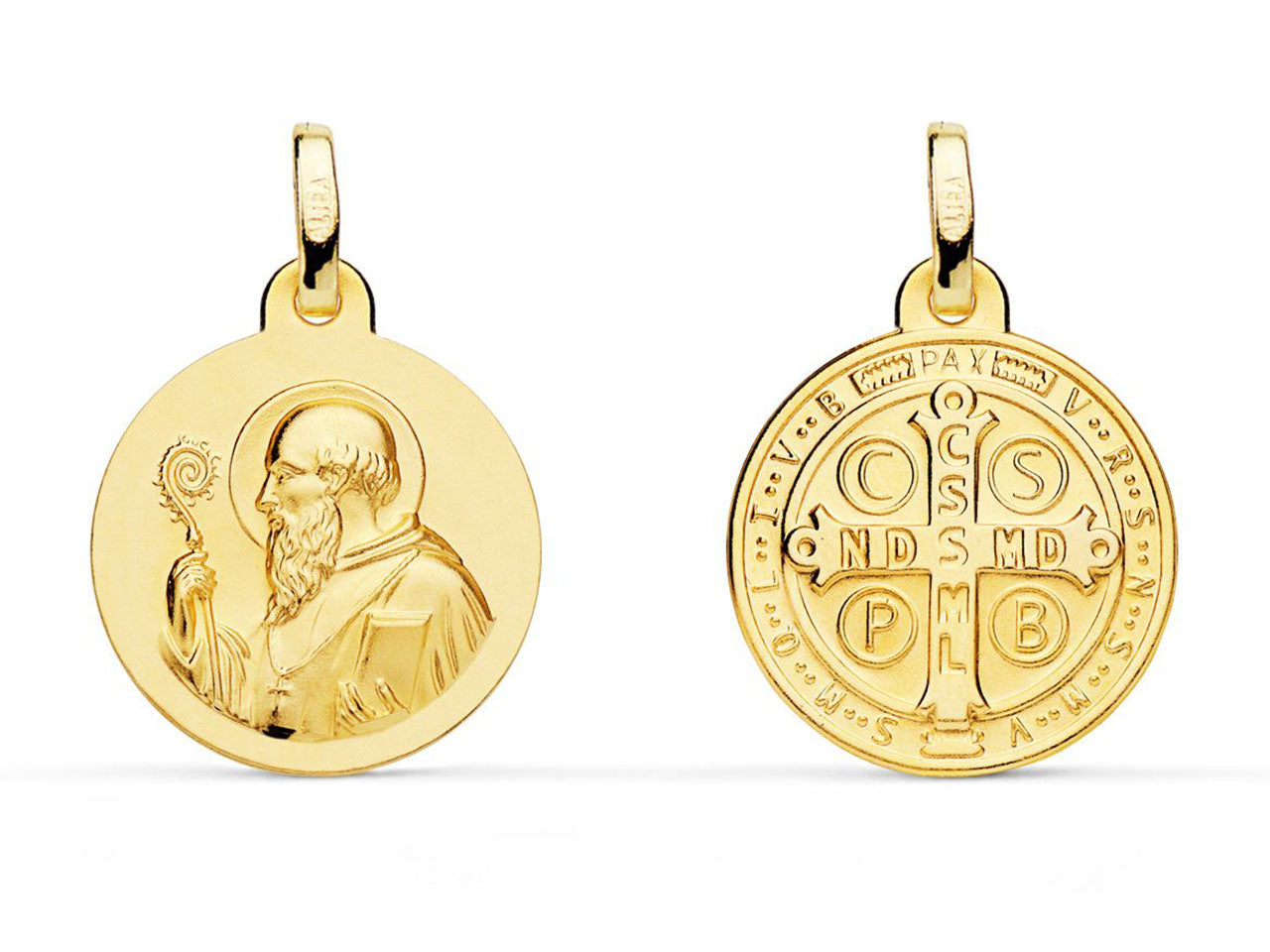 Médaille de Saint Benoît en or jaune 18 carats, un puissant symbole de protection de 16 mm de diamètre.