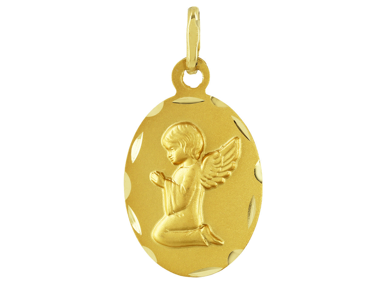 Médaille de baptême ovale en or jaune 18 carats représentant un ange en prière.