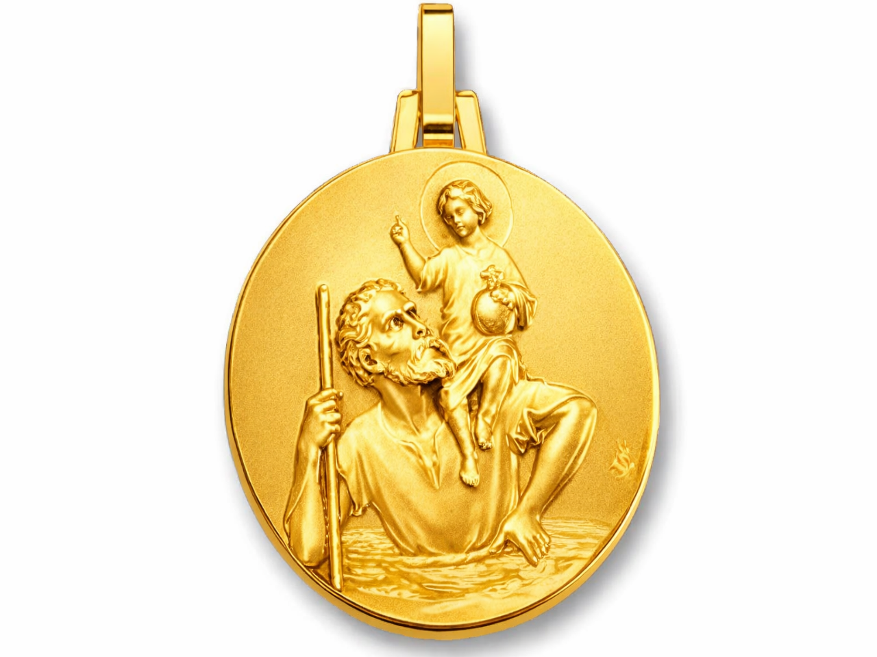 Médaille Saint Christophe or 18 carats, pendentif rond 18mm pour baptême ou voyageur, finition mate et bord perdu.
