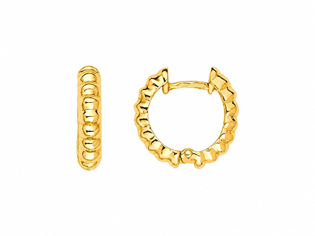 Mini créoles épaisses et striées en or jaune 18 carats massif de 12 mm de diamètre avec charnière.
