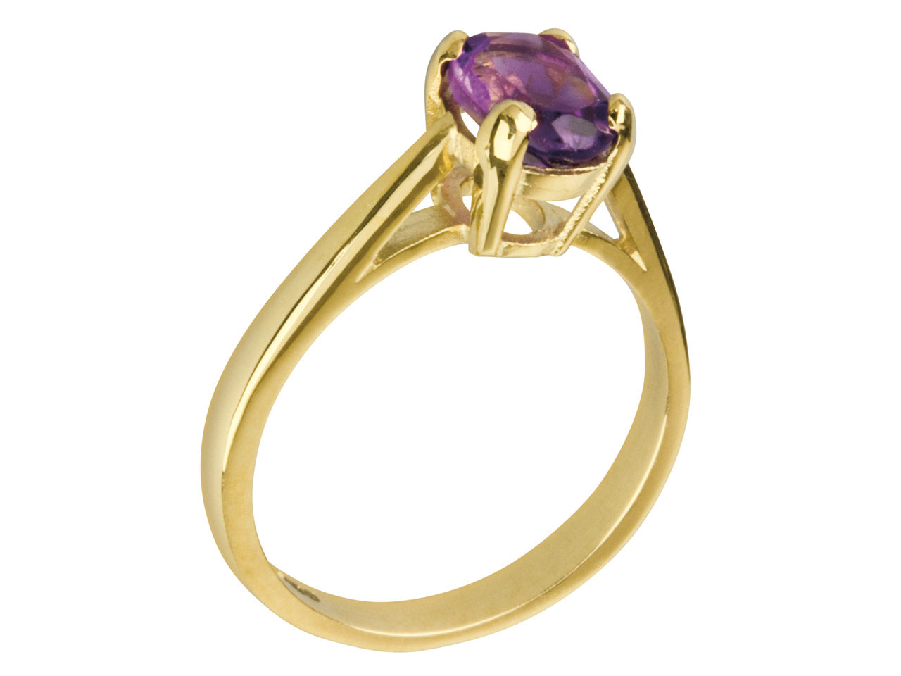 Exemple de rendu d'une bague solitaire en or jaune 18 carats sertie d'une améthyste ovale de 14x10 mm.