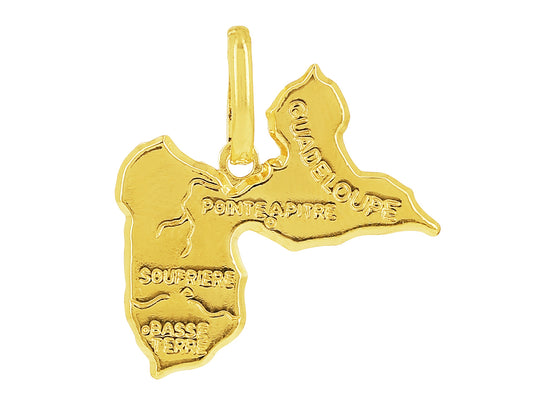 Pendentif carte de la Guadeloupe en or jaune 18 carats massif avec gravure Soufrière et Pointe-à-Pitre.