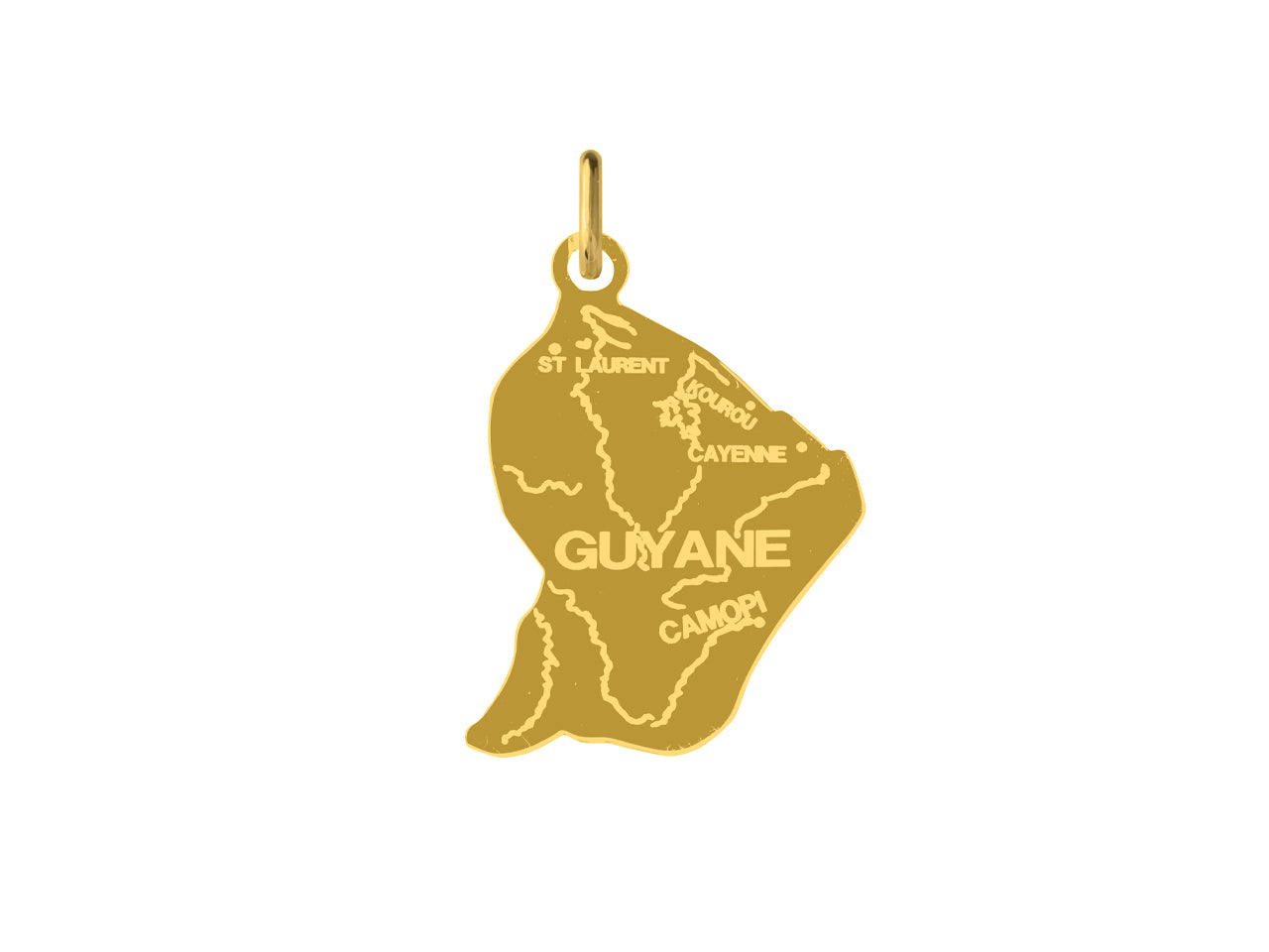 Pendentif carte de la Guyane en or jaune 18 carats avec gravures Cayenne et Kourou.