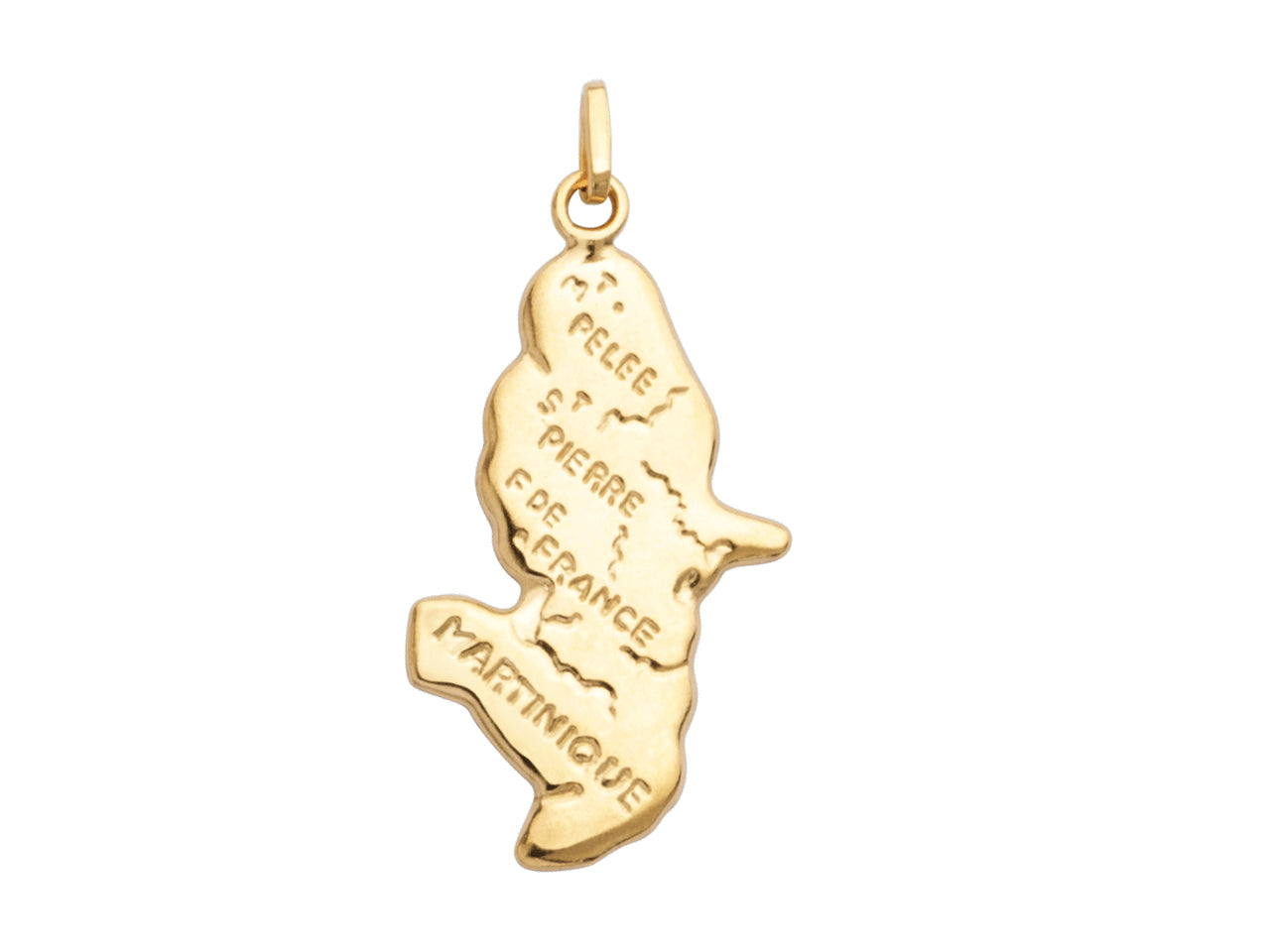 Pendentif carte de la Martinique en or jaune 18 carats, détails gravés de la Montagne Pelée et de Fort-de-France, hauteur 26 mm.