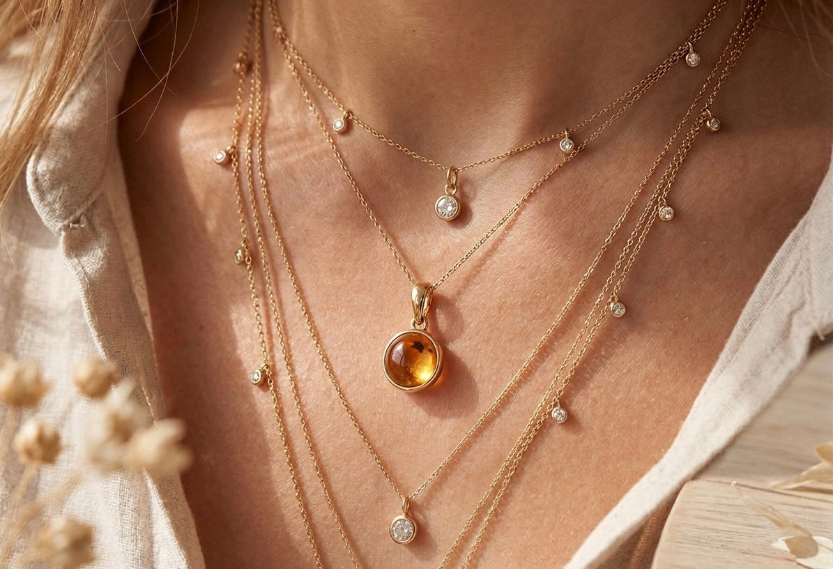 Gros plan sur une femme portant un pendentif en or jaune 18 carats serti d'une citrine naturelle taille cabochon, porté en accumulation avec d'autres chaînes fines.
