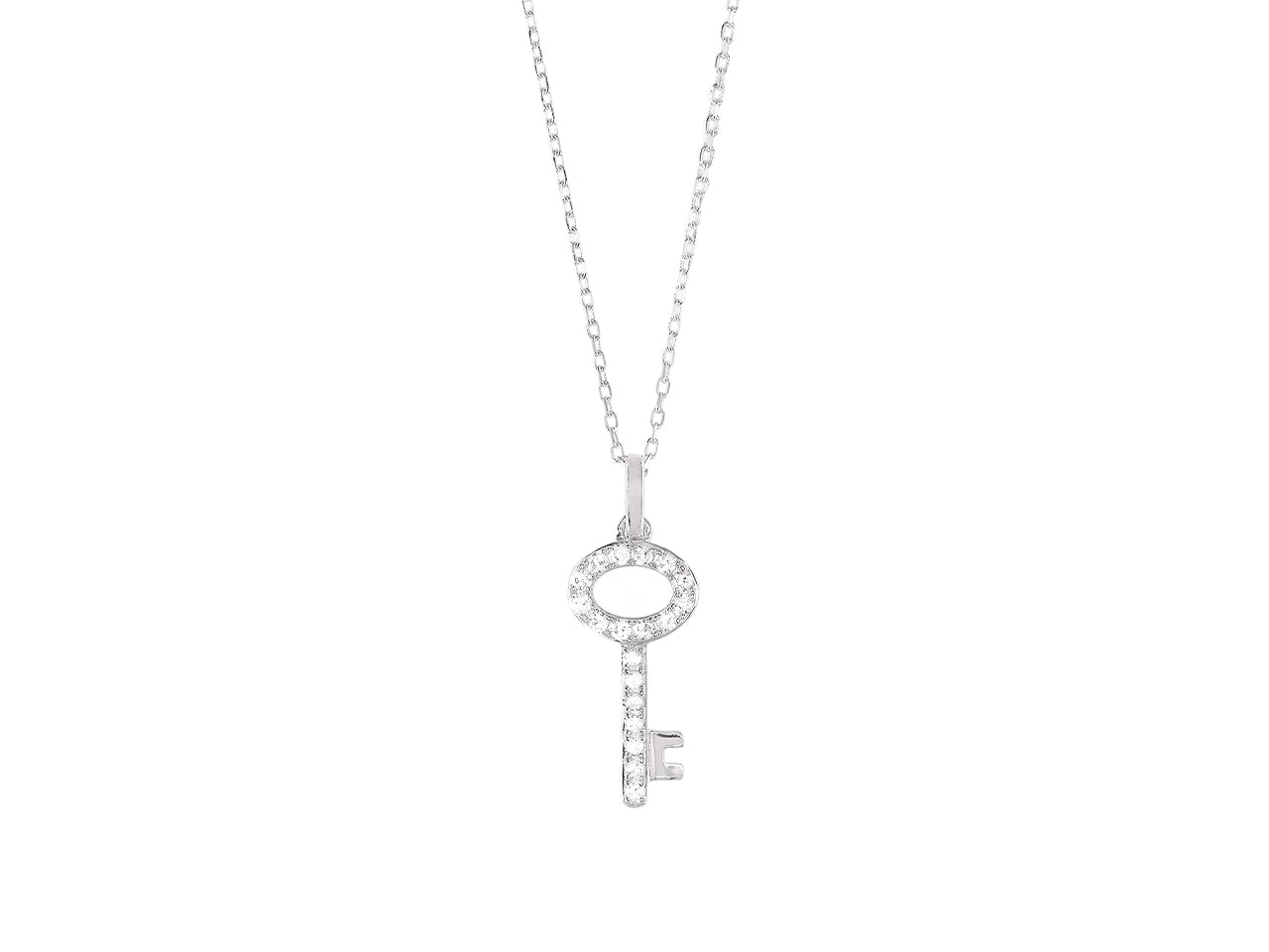Collier avec pendentif clef en or blanc 18 carats non rhodié et diamants, bijou de luxe discret.