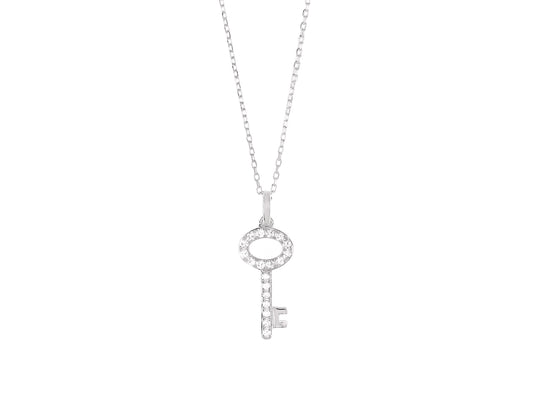 Collier avec pendentif clef en or blanc 18 carats non rhodié et diamants, bijou de luxe discret.