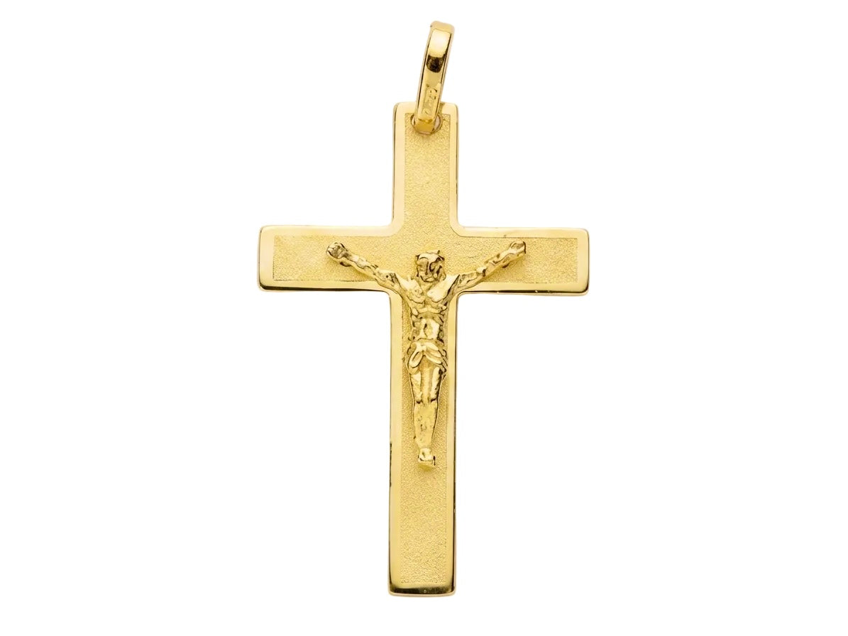 Pendentif croix avec Christ en or jaune 18 carats pour homme, dimensions 30x20 mm, finition satinée et polie.