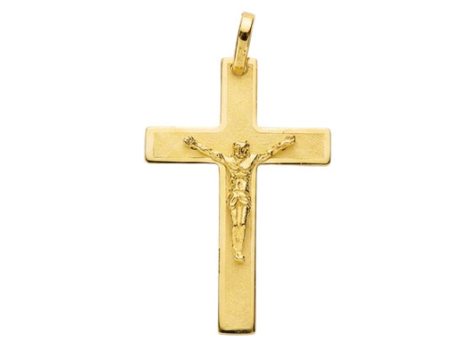 Pendentif croix avec Christ en or jaune 18 carats pour homme, dimensions 30x20 mm, finition satinée et polie.