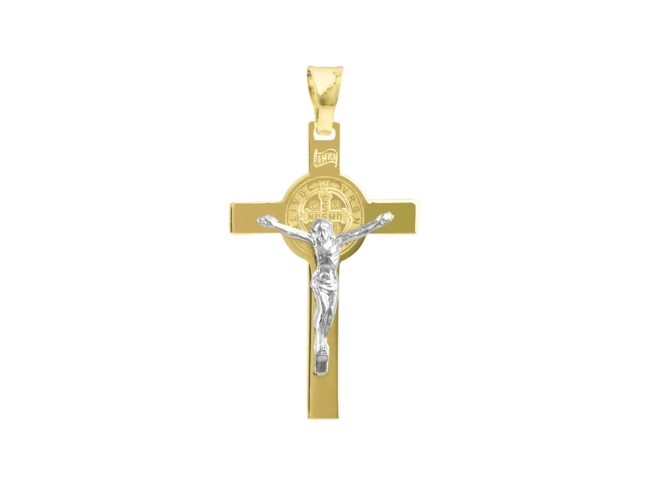Pendentif croix de Saint Benoît en or jaune 18 carats avec Christ crucifié en or blanc et médaille gravée.