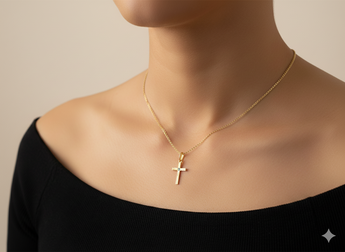 Collier avec un pendentif croix en or et diamant, porté par une femme