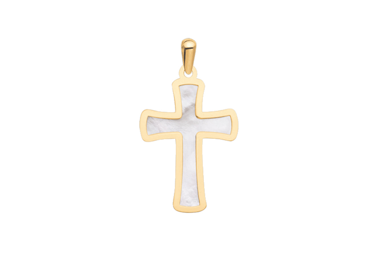 Pendentif croix en or jaune 18 carats et nacre blanche véritable, hauteur 22 mm, reflets irisés.