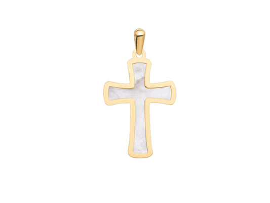 Pendentif croix en or jaune 18 carats et nacre blanche véritable, hauteur 22 mm, reflets irisés.