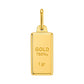 Pendentif petit lingot d'or massif en or jaune 18 carats avec gravures de 1 gramme et 750 sur fond blanc.