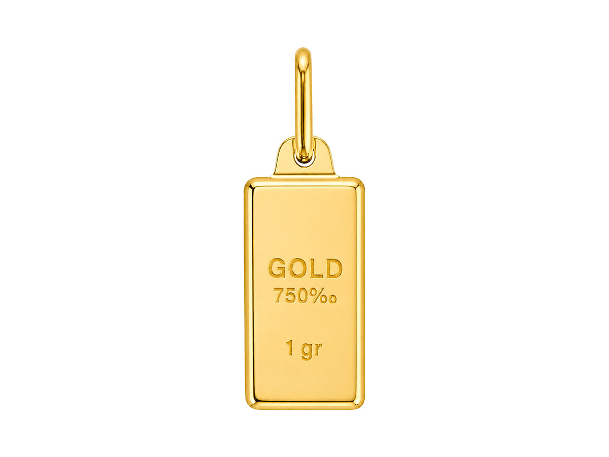 Pendentif petit lingot d'or massif en or jaune 18 carats avec gravures de 1 gramme et 750 sur fond blanc.