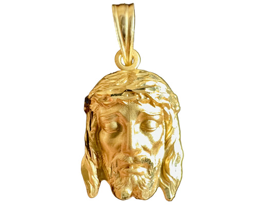 Pendentif tête de Christ en or jaune 18 carats, visage de Jésus mat avec couronne d'épines polie et brillante, bijou religieux 16x12mm.