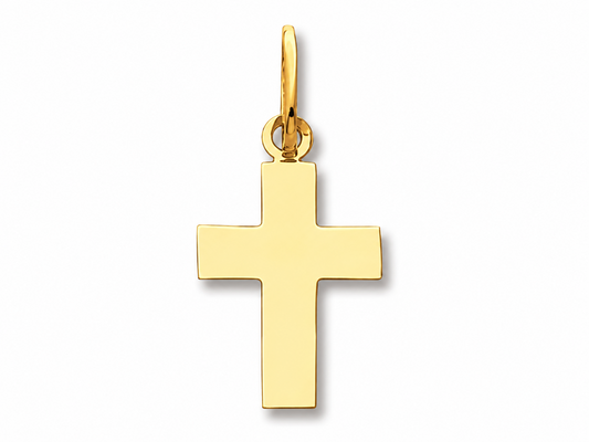  Petite croix plate en or jaune 18 carats massif poli brillant avec bélière ovale.