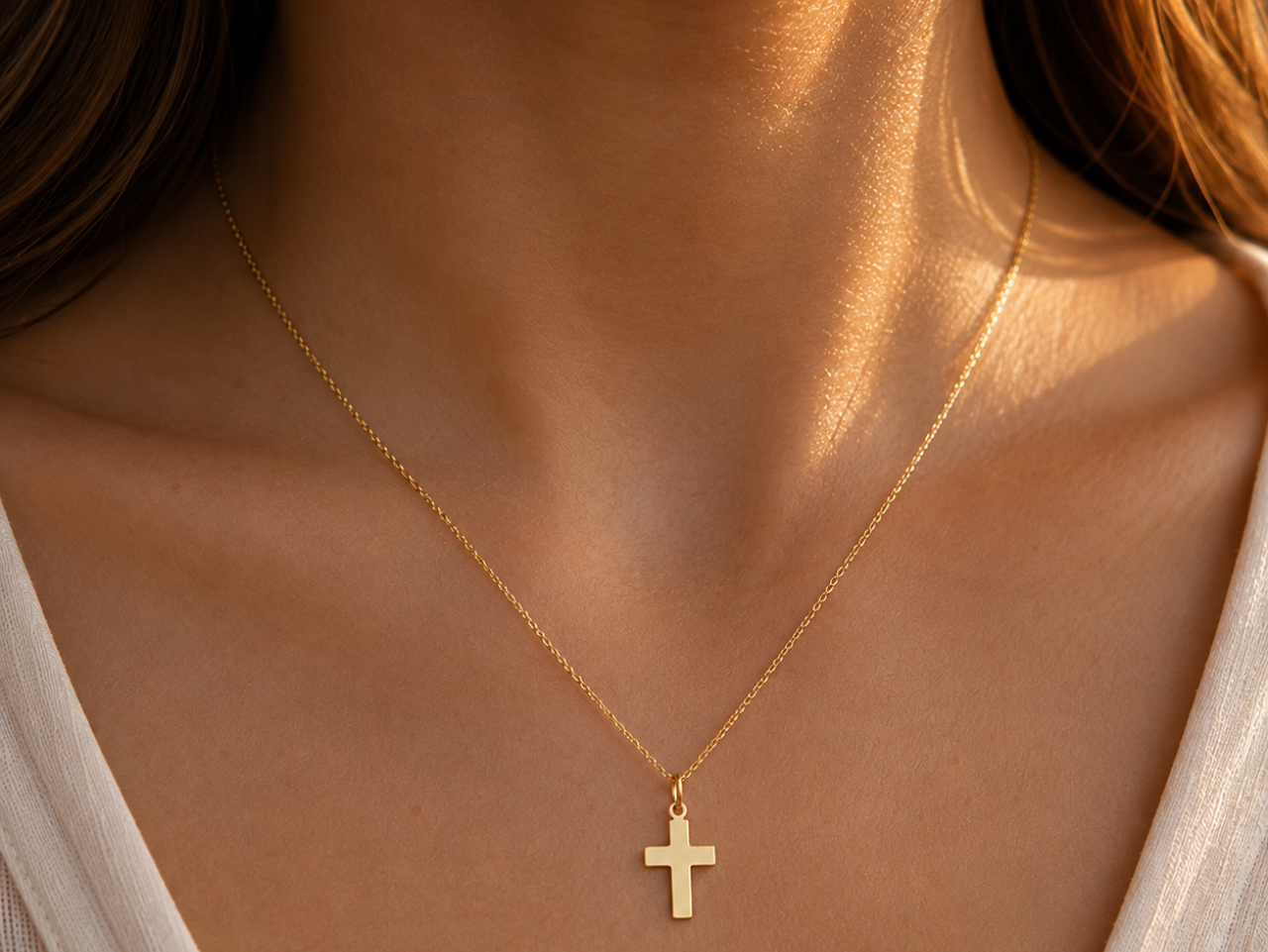 Pendentif petite croix plate en or jaune 18 carats porté au cou d'une femme sur une chaîne fine.