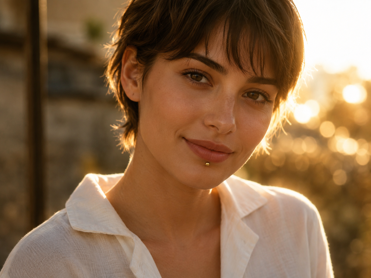 Piercing lèvre labret en or jaune 18 carats massif porté par une femme de profil au coucher du soleil.