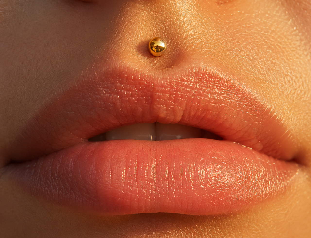 Piercing labret lèvre en or jaune 18 carats avec boule de 3,4mm porté au-dessus de la lèvre au soleil.