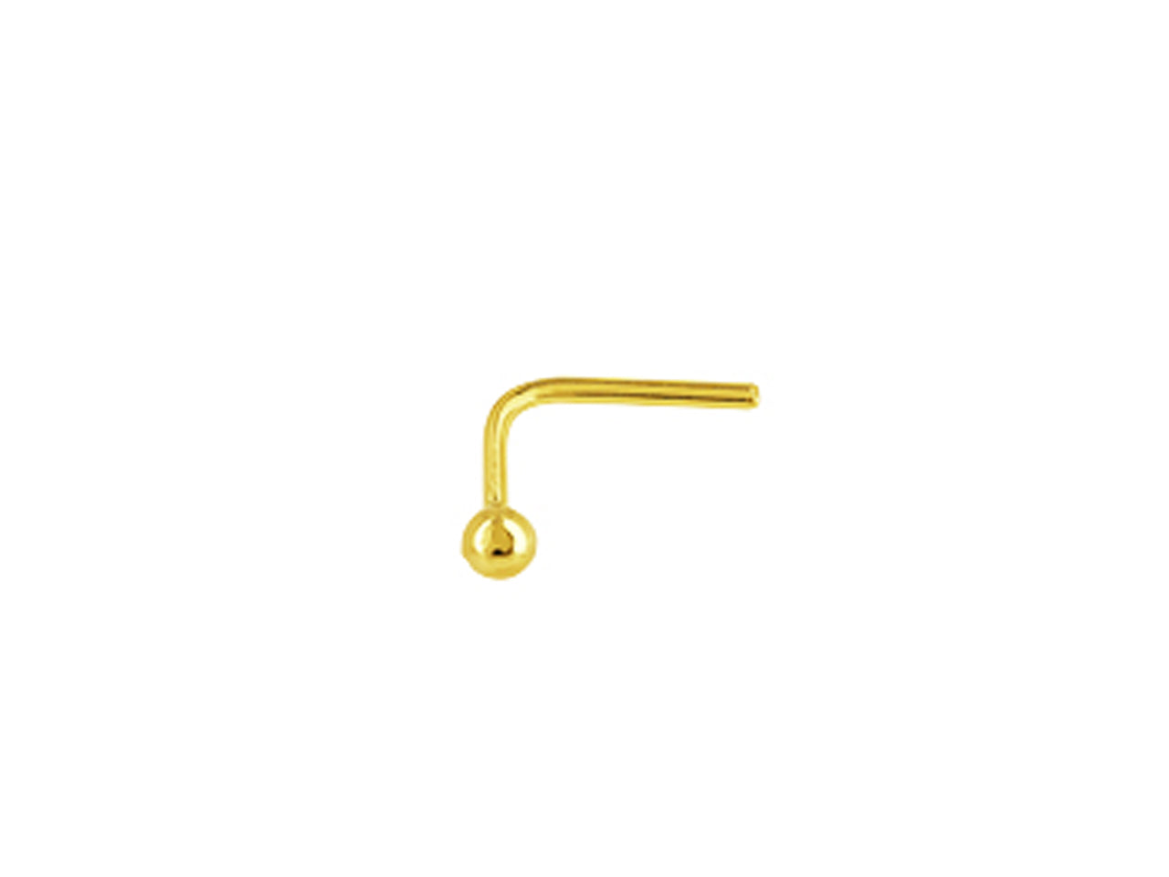 Piercing de nez en or jaune 18 carats avec motif boule de 2 mm et tige à angle en L, bijou de nez discret et brillant.