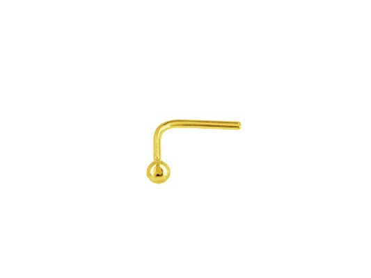 Piercing de nez en or jaune 18 carats avec motif boule de 2 mm et tige à angle en L, bijou de nez discret et brillant.