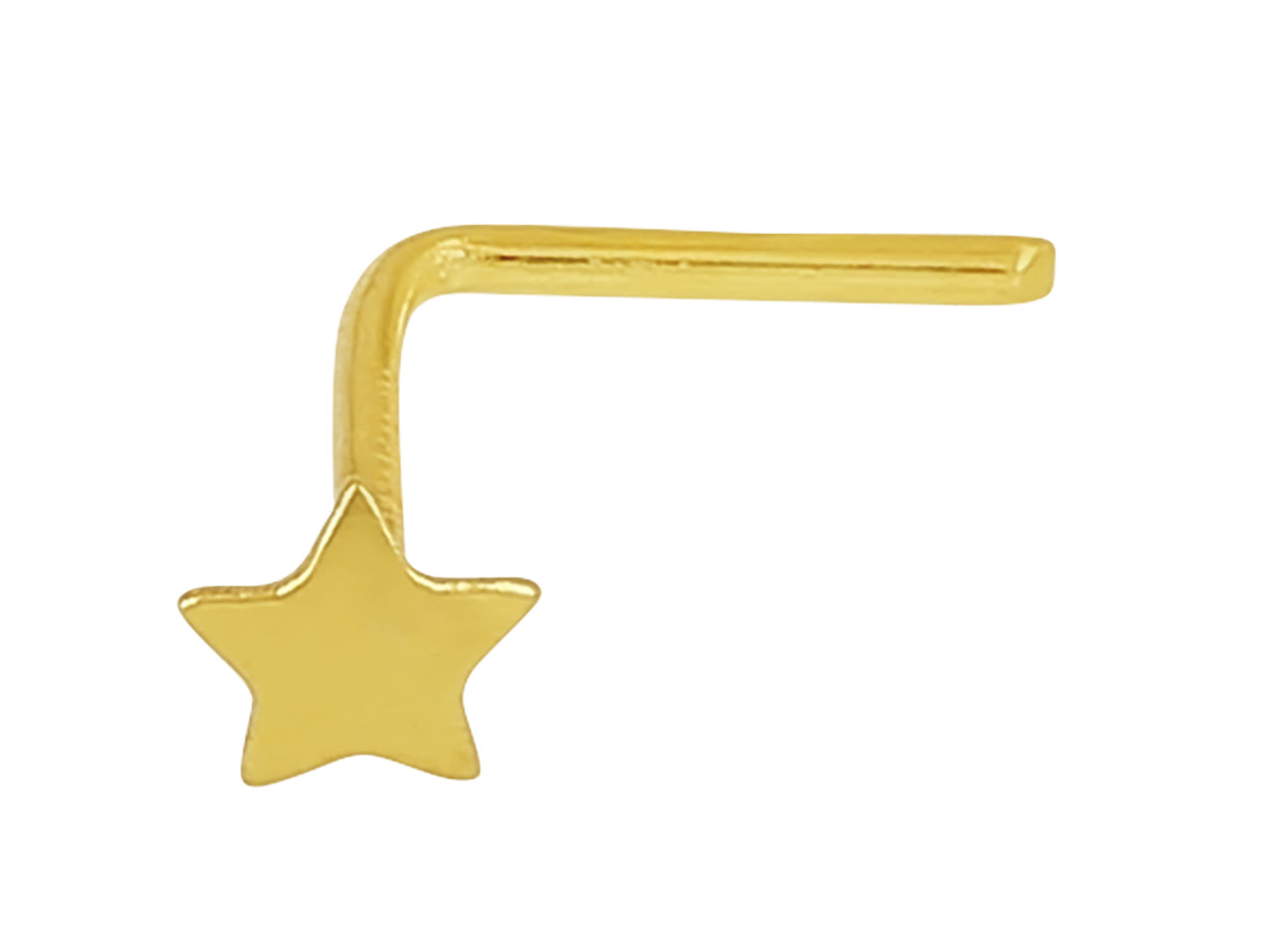 Piercing de nez en or jaune 18 carats avec motif étoile de 3 mm et tige à angle en L, bijou de nez discret et fin.