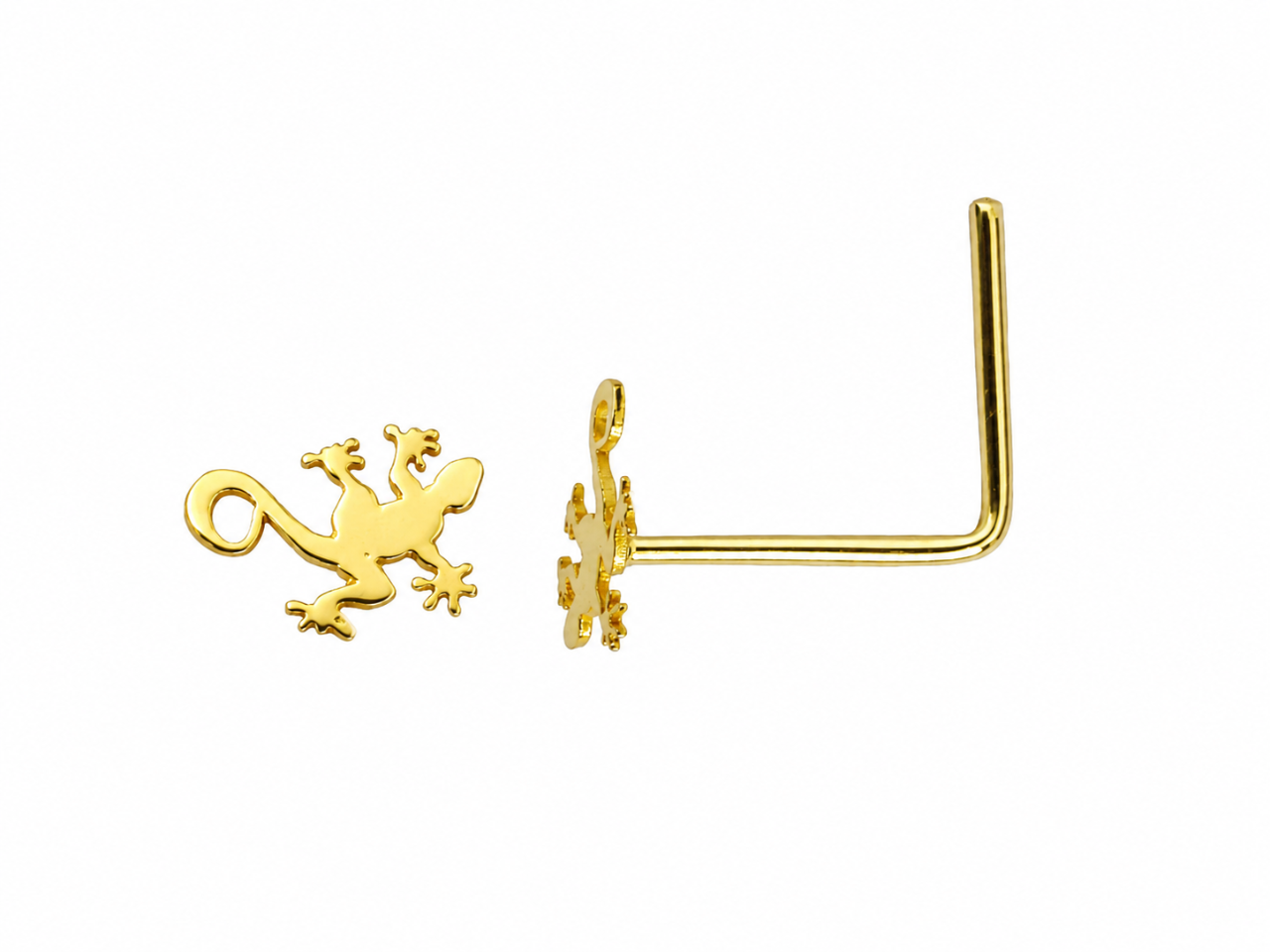 Piercing de nez en or jaune 18 carats avec motif de petite salamandre ciselée et tige droite pliée en L